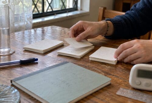 Close-up of hands sorting paper cards into three piles beside a measuring cylinder, a pen, a ruler and an exercise book on a table.